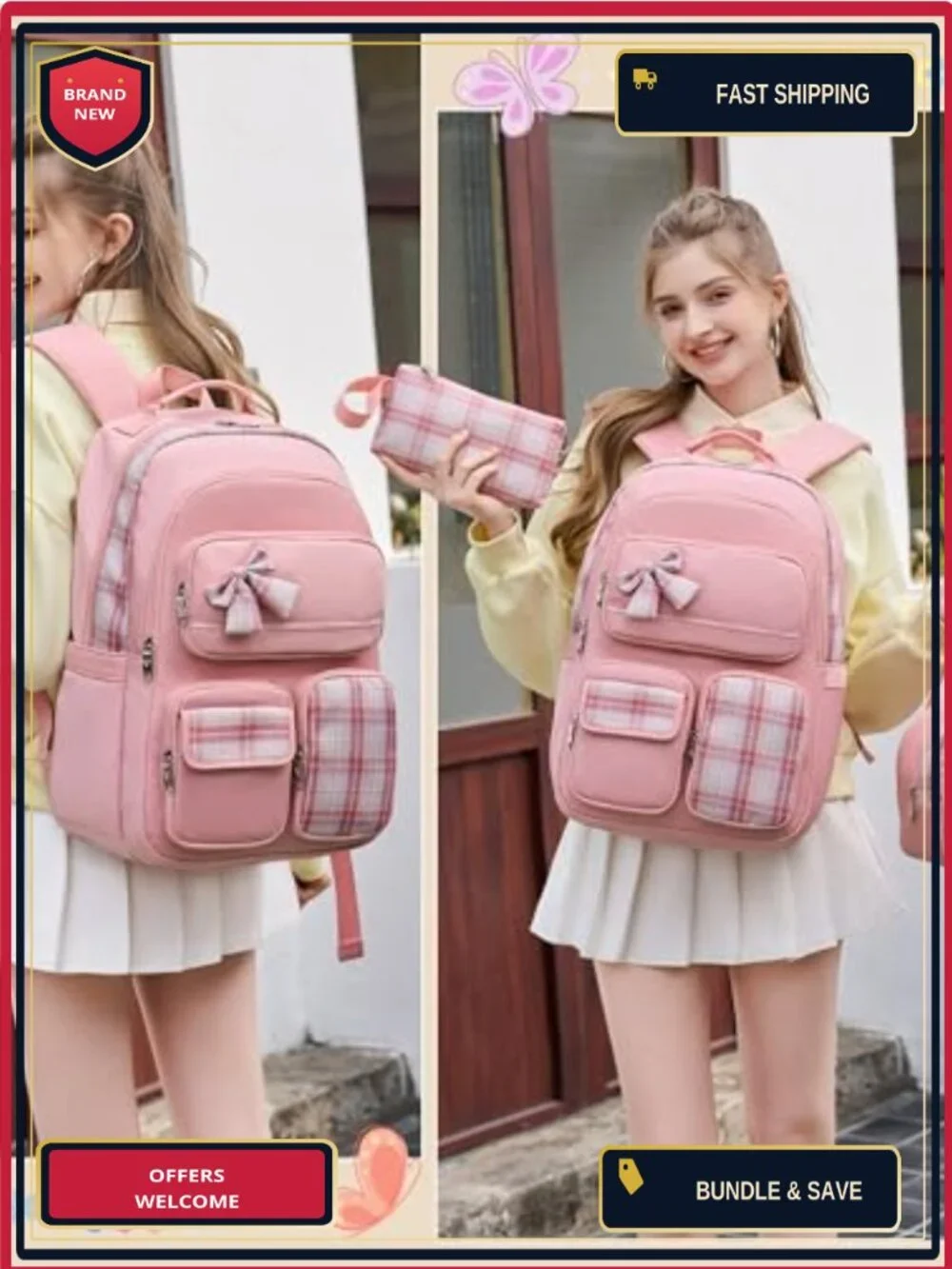 Girls Backpack Set with Lunch Box Pencil Case 15.6
